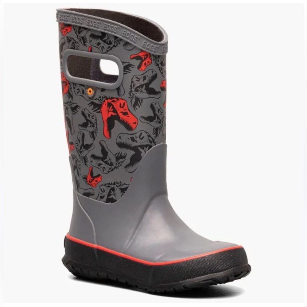 BOGS Kids Gray and Red Dinosaur Rain Boots